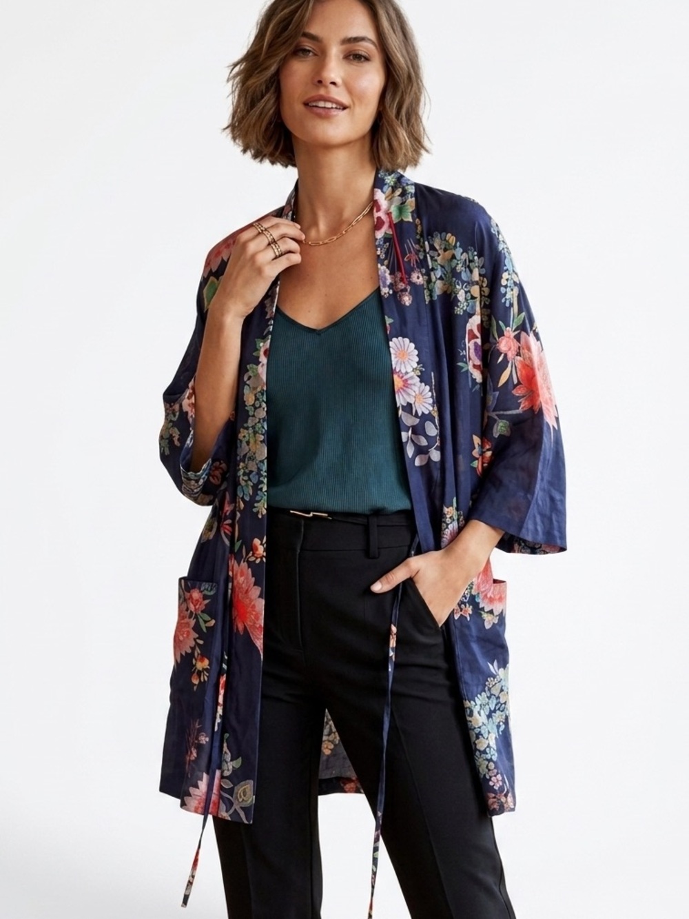 NWT - Johnny Was -Navy and Floral Lightweight Kimono/Coverup - Size XS Oversized